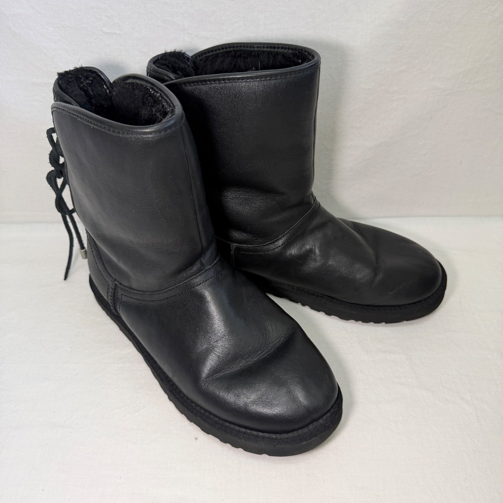 UGG Mariana Women 9 Black Leather Sheepskin Lined Lace Back Mid Calf Boots Wool